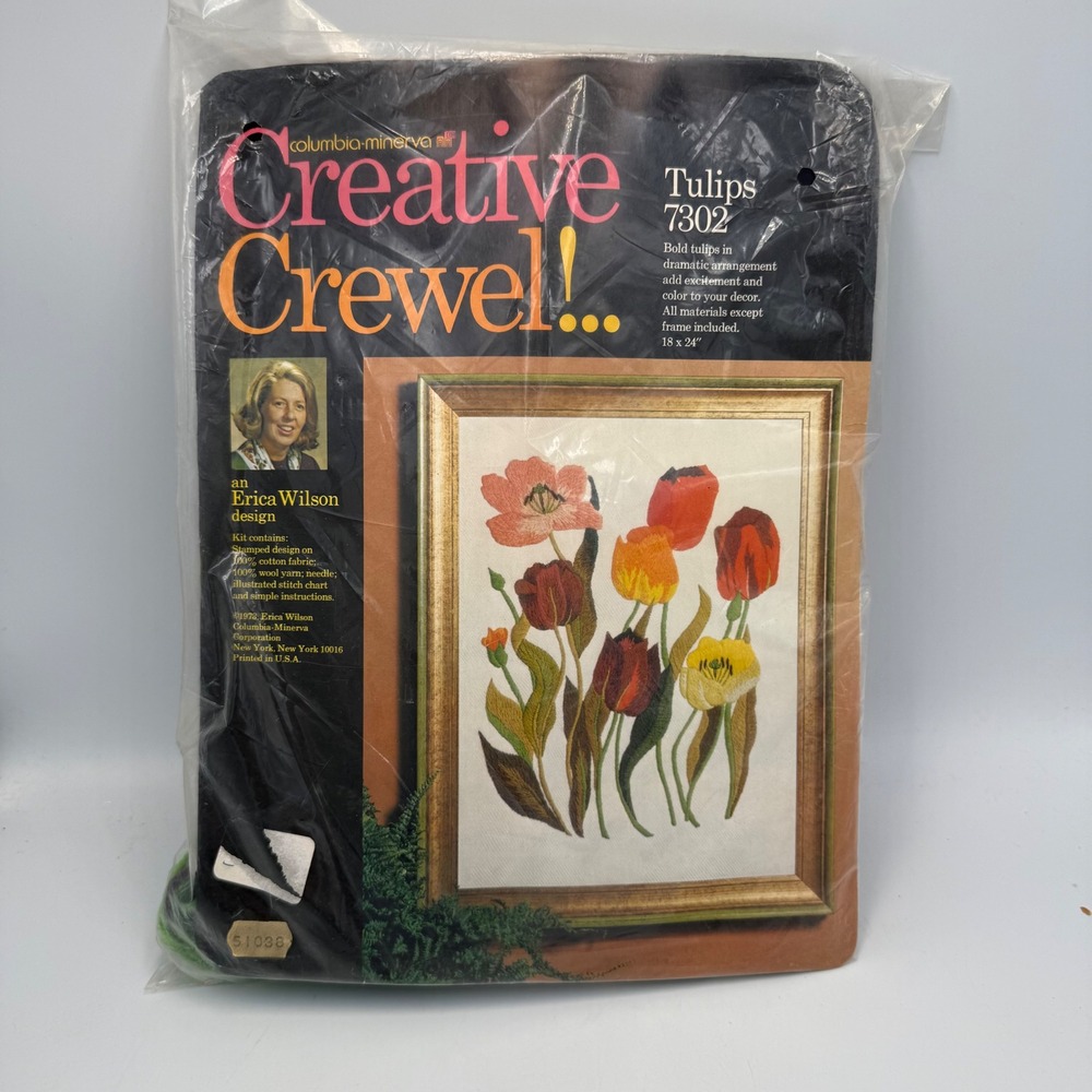 Vintage 1973 Erica Wilson Creative Crewel Kit Tulips 7302 Columbia-Minerva 18x24